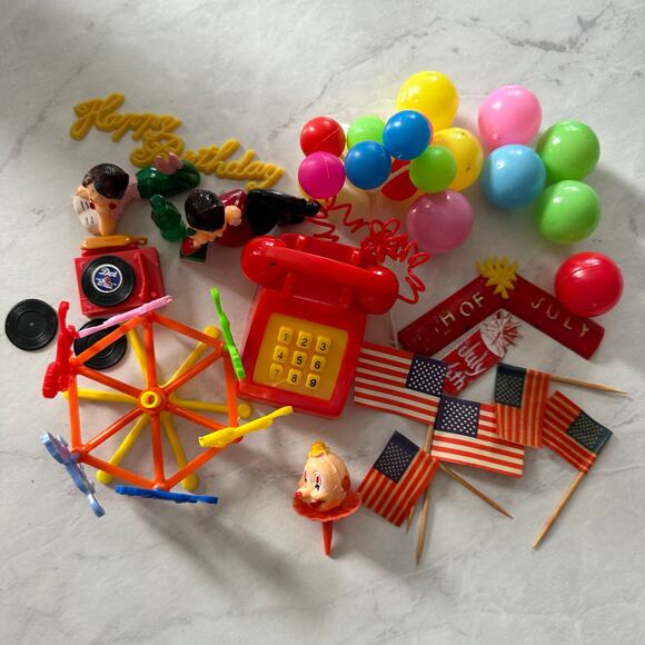 Vintage mixed lot plastic cake toppers balloons clown telephone July 4th picks - Picture 1 of 6